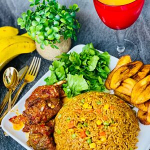 jolllof rice platter with turkey (served with diced plantain and coleslaw)