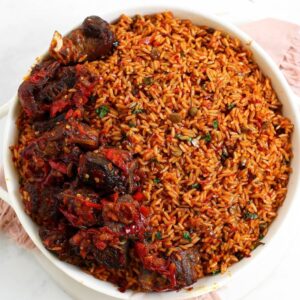 jollof rice platter with goat meat