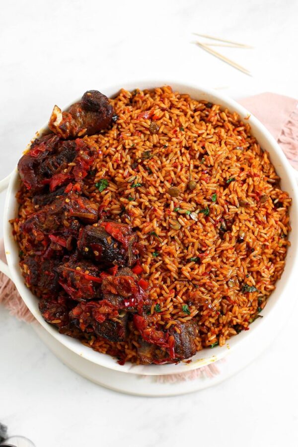 jollof rice platter with goat meat